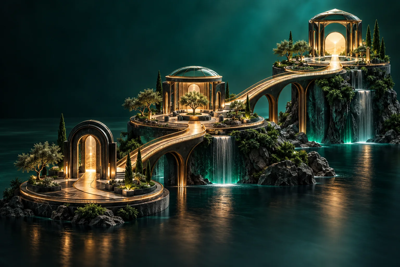 Three connected learning platforms with gold bridges on deep teal