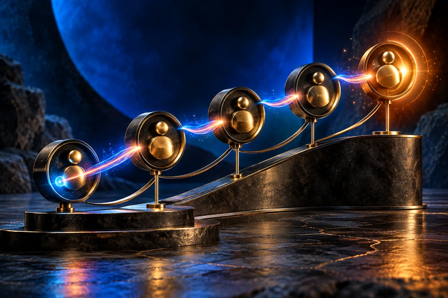 Five gold relay nodes connected by a luminous signal on cobalt blue